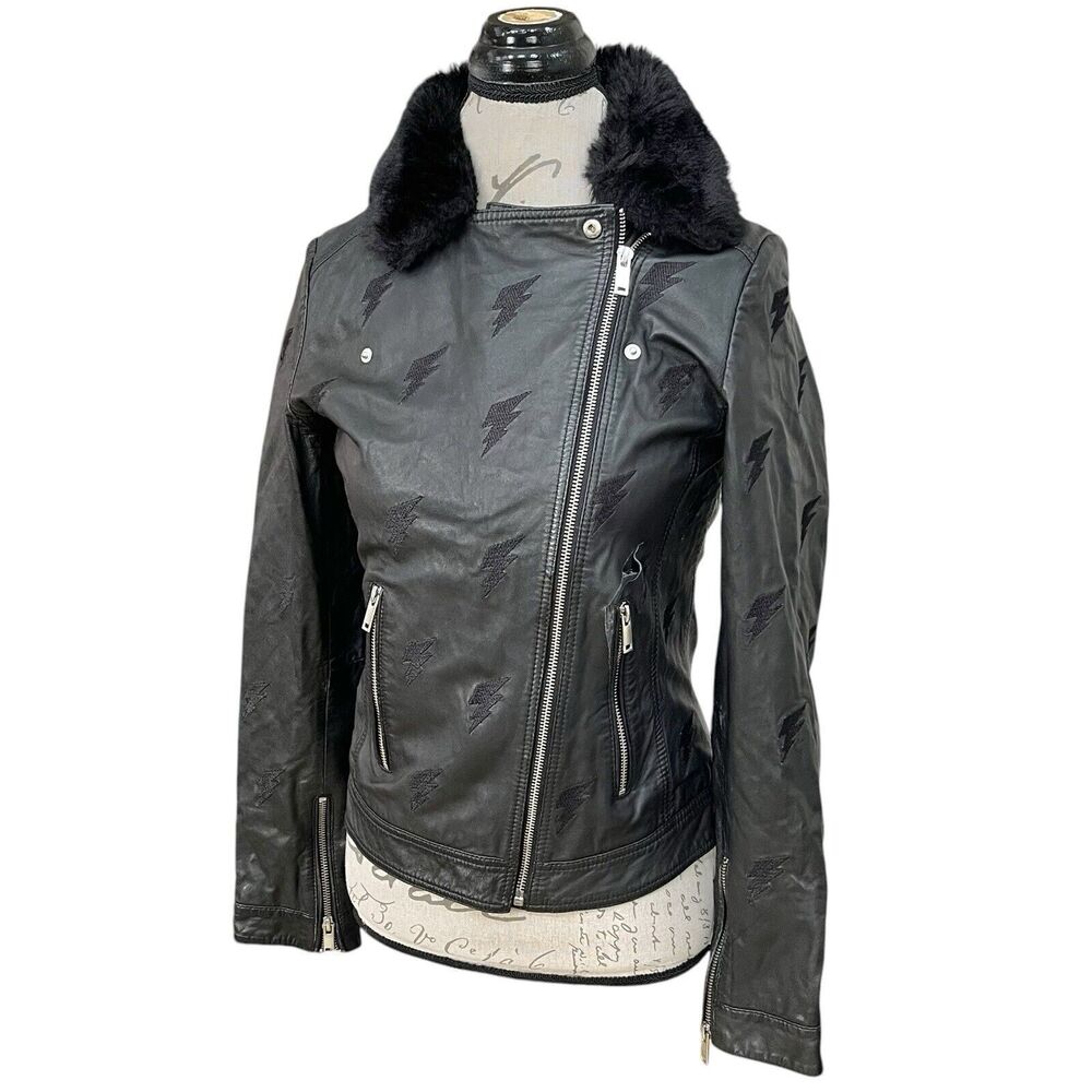 Sipos New York Womens Moto Jacket Size XS Black Faux Fur Lamb Leather Electric
